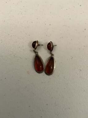 Vintage Sterling Silver Genuine Baltic Amber Teardrop Dangle Earrings